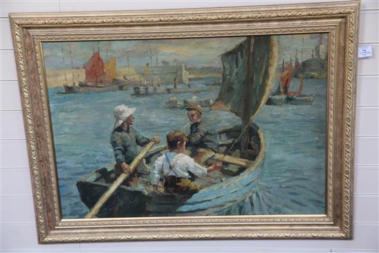 After Harold Harvey Sailing in Newlyn Harbour,1906 24 x 35in.